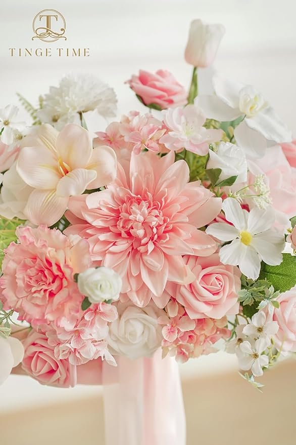 TINGE TIME 11 Inch Wedding Bouquets for Bride, PeachPink&White Artificial Flowers Bouquet, Brides & Bridesmaids Bouquet for Wedding Anniversary Ceremony Bridal Shower Decorations