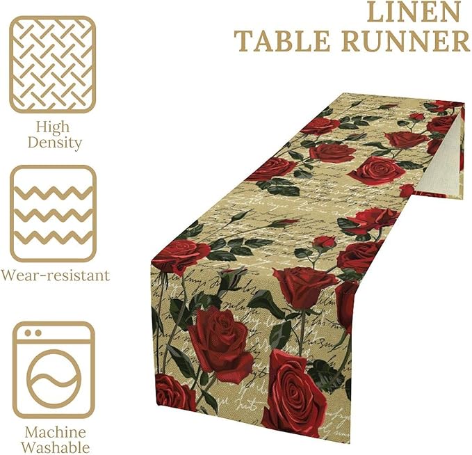 Red Rose Print Table Runner, Vintage Rose Spring Summer Seasonal Romantic Valentines Dinner Runner Table Decoration for Home Kitchen Dining Holiday Wedding Party 13x108in