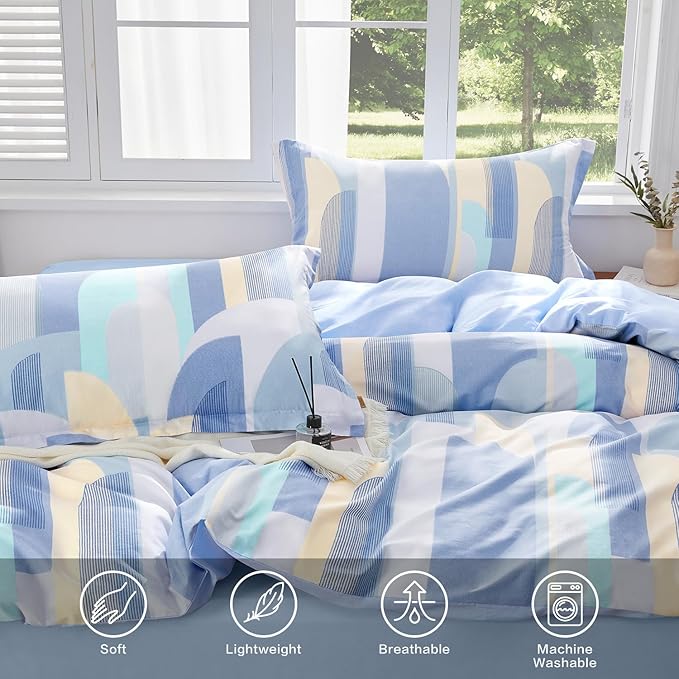 SAPHREAS Blue Geometric Pattern Duvet Cover Set 2pcs Twin Size 100% Cotton Colorful Blocks Bedding Comforter Cover Set 1 Duvet Cover 1 Pillow Case
