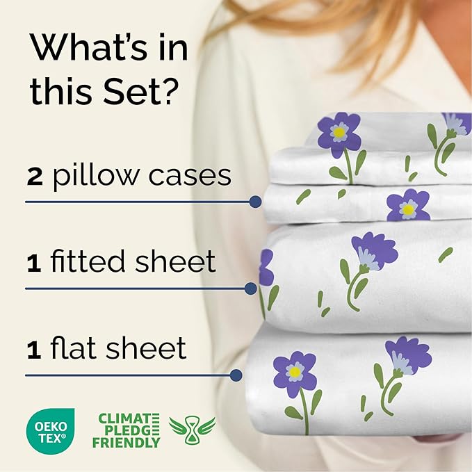 Floral Sheets - Purple Floral Bed Sheet Set - 1 Flat, 1 Fitted & 2 Pillowcases w/ Deep Pockets - Comfy, Wrinkle & Fade Free - Boho Botanical Bedding - Ultra-Soft, Breathable & Cooling - Full Size Set