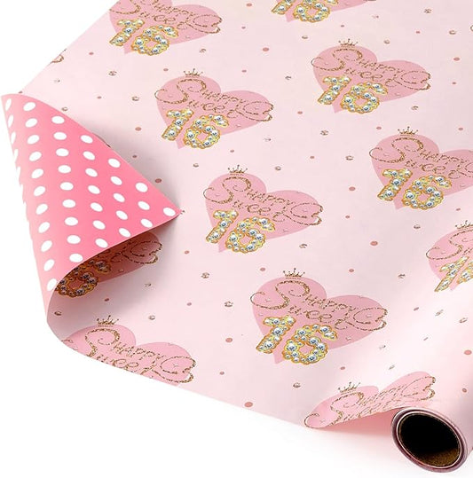WERNNSAI Sweet 16th Birthday Wrapping Paper - 1 Roll 17”x 16.4ft Love Heart Wrapping Paper 16th Pink Girl Gift Packing Favor Birthday Party Wrap Decor Supply