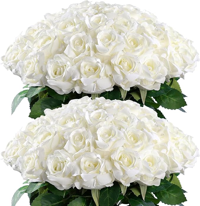 YXZZWL 60 Pcs Artificial Roses in Bulk, Fake Silk Roses Realistic Roses Stem Faux Roses Bouquet for Wedding Centerpieces Flower Arrangement Home Decor (White)