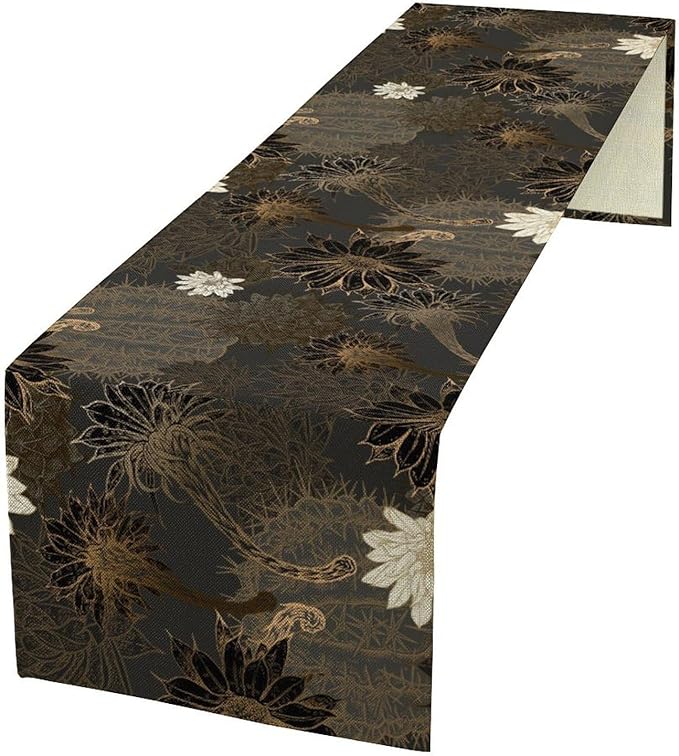 Vintage Floral Table Runner,Black Gold Floral Art Print Table Runner for Home Kitchen Table Dining Indoor Outdoor Party Decor 13x120 Inch