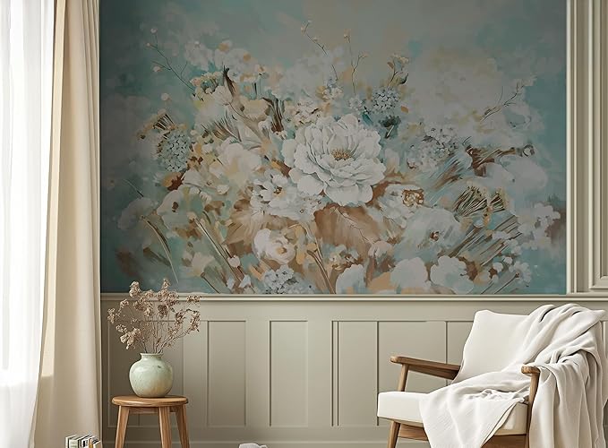 Vintage Floral Wall Mural – Large White Peony Bloom on Blue Background, Removable Peel and Stick Wallpaper for Dining Room, Living Room, or Bedroom Decor