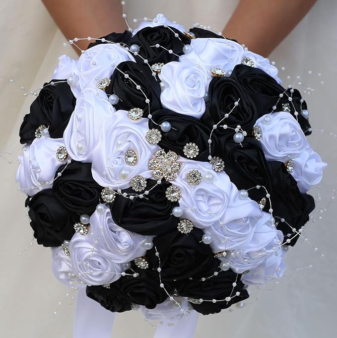 Bridal Wedding Bouquet Round Bling Brooch Bouquet Throw Toss Artificial Rose Flower Bunch for Bride Bridesmaid Wedding Quinceanera(White & Black, 9.8")