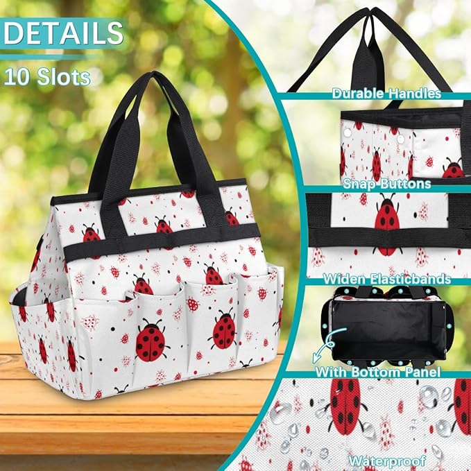 Garden Tool Tote Bag for Women Men Ladybugs Gardening Tool Storage Bags with 10 Pockets Standable Garden Home Tool Kits Organizer for Indoor Outdoor Gardening Gifts
