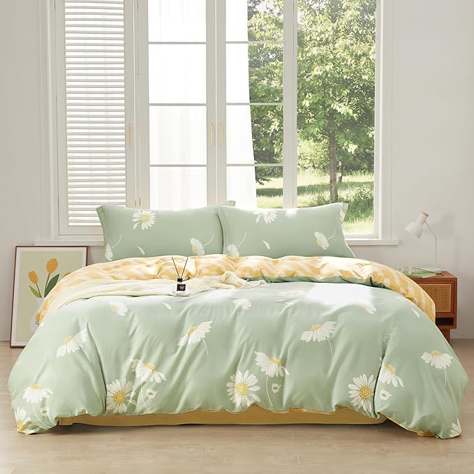 SAPHREAS Floral Daisy Duvet Cover Set Full Size 3pcs Sage Green White Flower Bedding Comforter Cover Set 100% Cotton 1 Duvet Cover 90"x80" 2 Pillow Shams, Comforter Not Included