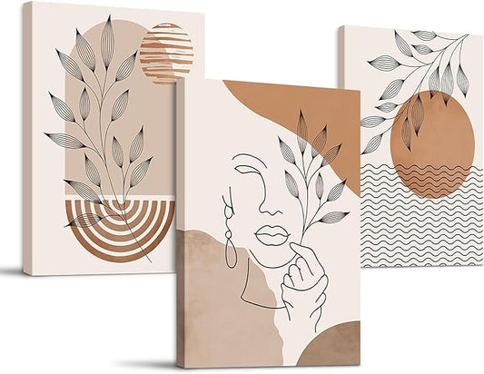 SERIMINO Boho Framed Wall Art Set of 3, Minimalist Wall Decor Living Room, Geometric Line Leaf Sun Moon Canvas Artwork Paintings for Bathroom, Home Decor Print, 12"x16"
