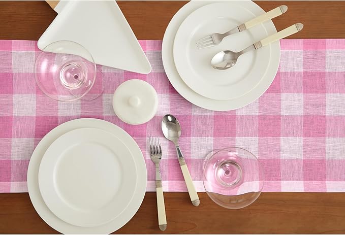 Solino Home Linen Checkered Table Runner 36 Inches - 100% Pure Linen Buffalo Check Pink Begonia Table Runner 14 x 36 Inch Ideal for Dresser and Coffee Tables, Valentines, Spring, Easter