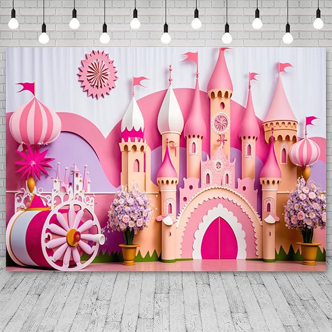 10x8ft Princess Castle Backdrop Pink Purple Floral Girl Birthday Photography Background Kids Birthdays Newborn Baby Shower Banner Decorations Wedding Party Portrait Photo Booth Prop