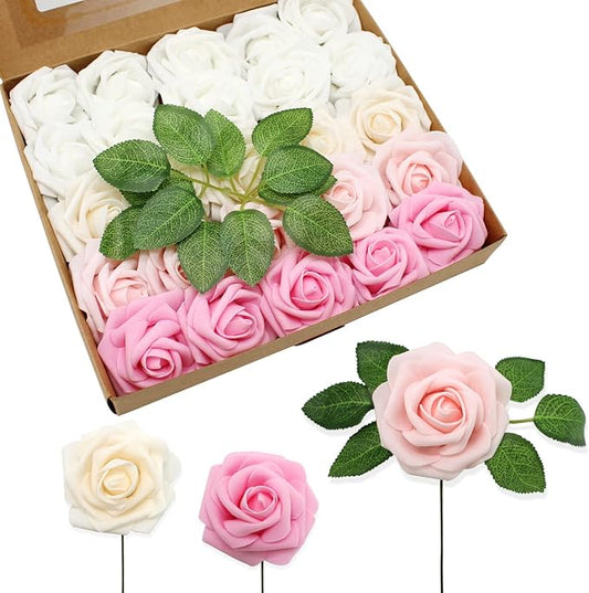 JOYLEX Artificial Flowers Realistic Roses, 100pcs Real Looking Fake Roses with Stem for DIY Wedding Bouquets Centerpieces Bridal Shower Party Home Romantic Decorations (Shades of Pink)