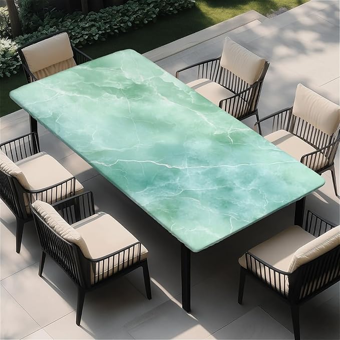 Rectangle Table Cloth Cover Waterproof Elastic Fitted Polyester Fitted Tablecloths for 8 Foot Tables for Indoor,Picnic, Camping, Outdoor （96" x 30"，Green Marble）
