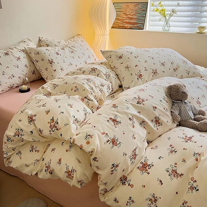 Nayoroom Vintage Floral Duvet Cover Queen Size Red Rose Flower Green Botanical Cottagecore Bedding Set 3 Pieces Soft Lightweight Washed Microfiber Spring Duvet Cover Gifts for Women Girls