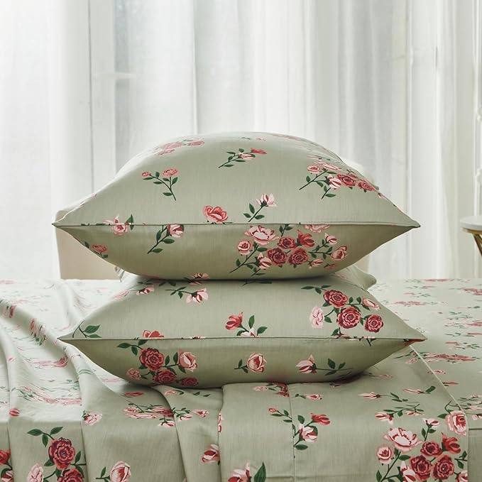 FADFAY Cal King Size Sheet Set 100% Cotton Sage Green Bed Sheets, French Country Red Rose Floral Pattern, Soft Cool Luxury Bedding, Shabby Vintage Style, 4 Pieces Deep Pocket Fitted Sheet