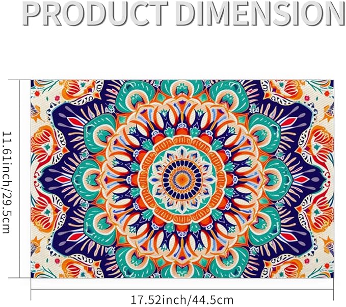 Ethnic Colorful Flower Mandala Placemats Set of 1 PVC Vinyl Non Slip Table Mats Waterproof Heat Resistant Place Mats Washable Wipeable Dining Table Mat for Kitchen Party Farmhouse Indoor Decorative