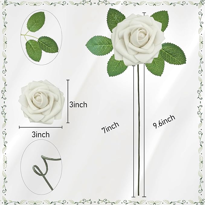 Artificial Flowers, 50pcs Artificial Rose for DIY Bouquets Arrangement, Sand White Rose Flowers Foam Fake with Stems for Wedding Shower Party Floral Arrangements Home Decorations