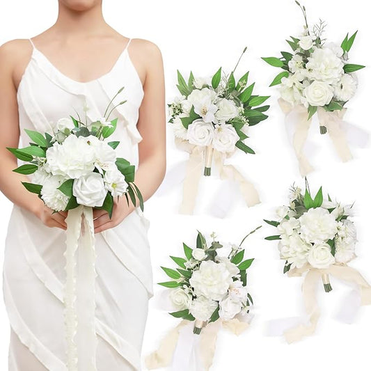TINGE TIME 7" Bridesmaid Bouquet Set of 4, Wedding Bouquets for Bridesmaid, Perfect for Wedding Bouquets for Bride, Ideal for Bridal Shower, Rehearsal Dinner, Vintage Party (IvoryWhite)