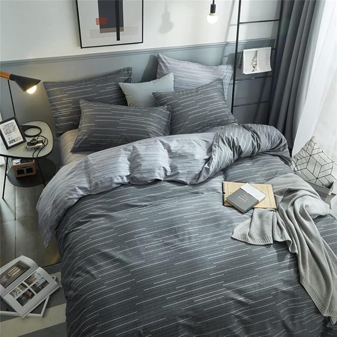 Striped Comforter Twin XL Modern Style Grey Geometric Striped Pattern Comforter Set for Men Boys Soft Fluffy College Dorm Striped Bedding Comforter with 2 Pillowcases All Season Twin XL Comforter Set