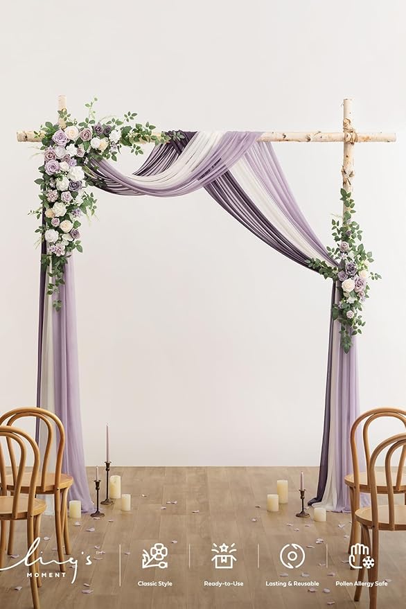 Ling's moment Wedding Arch Flowers with Drapes Kit-Pack of 5, 2pcs Flower Arrangements 3pcs Sheer Hanging Drapes White Ceremony Arbor Backdrop Artificial Rose Floral Decorations, Lilac & Purple