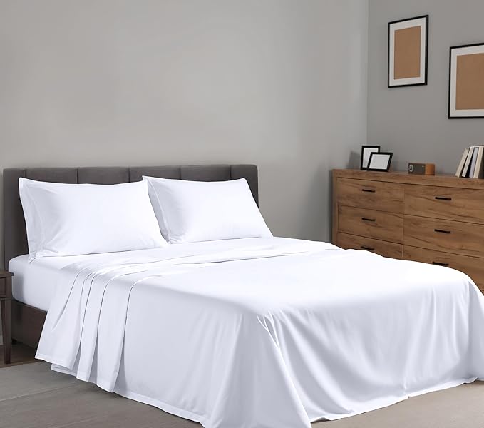 RUVANTI 100% Cotton California King Sheet Sets, 4 Pieces, Soft & Breathable Percale Weave Bedding, Deep Pocket 14", Hotel Standard, Crisp Cool Feel & Durable, Perfect Dyed Sheets, Bright White