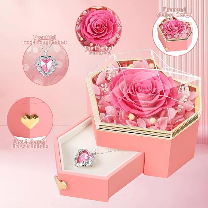 Preserved Pink Real Rose with Necklace Forever Flowers Diamond shaped Box for Mom Wife Girlfriend Grandma on Mothers Day Birthday Valentines Christmas Anniversary Beatiful Gifts for women