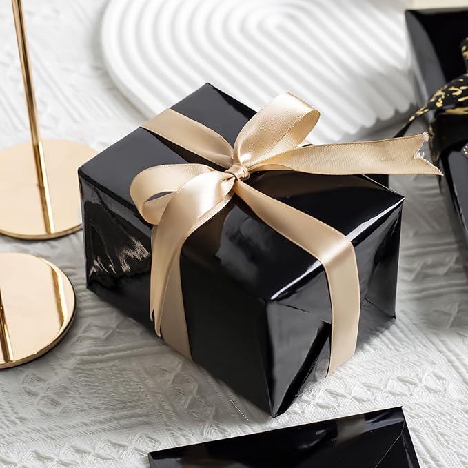 Merture Metallic Black Wrapping Paper Roll - 17 In X 32.8 Ft(46.5 sq.ft.) Solid Color Gift Wrap with Grid Cutting Lines for Halloween, Birthday, Valentines Day, Fathers Day, Halloween, Graduation
