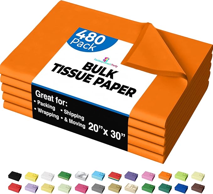 Party Solids Orange Tissue Paper for Gift Bags - 20" X 30" Bulk Tissue Paper Orange 480 Sheets - 10lb Newsprint for Packing, Birthday Gift Box Filler, Packing Supplies for Moving Supplies