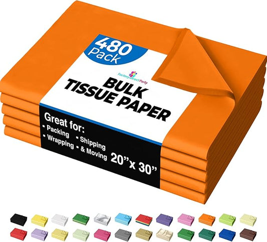 Party Solids Orange Tissue Paper for Gift Bags - 20" X 30" Bulk Tissue Paper Orange 480 Sheets - 10lb Newsprint for Packing, Birthday Gift Box Filler, Packing Supplies for Moving Supplies