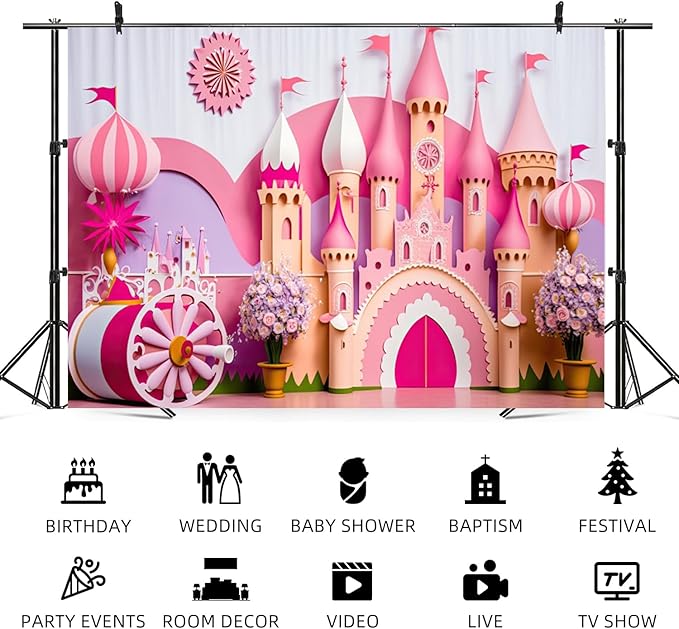 12x6ft Princess Castle Backdrop Pink Purple Floral Girl Birthday Photography Background Kids Birthdays Newborn Baby Shower Banner Decorations Wedding Party Portrait Photo Booth Prop