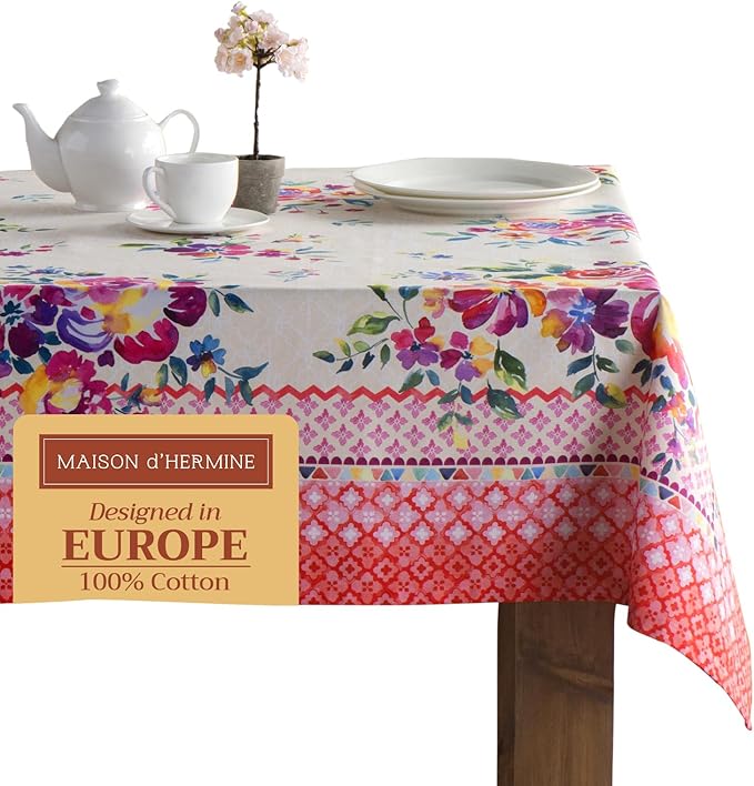 Maison d' Hermine Table Cloth Rectangle Table 100% Cotton 70 x 108 Inches Tablecloth Reusable Decorative for Dining Room, Farmhouse, Home, Party, Festive & Wedding Spring Summer - Rose Garden