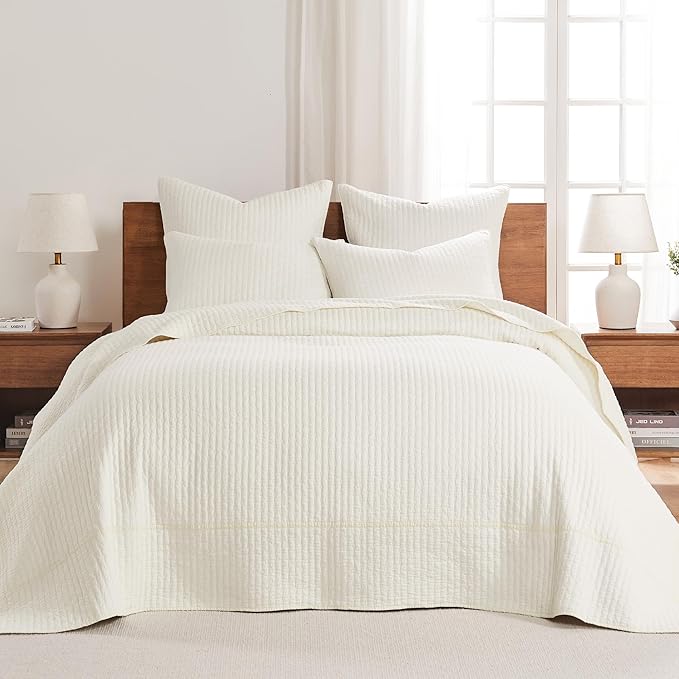 Levtex Home Cross Stitch Reversible Full Bedspread Set (100x104in) with 2 Pillow Shams (26x20in) - Stitch Texture - Cream - 100% Cotton Full Size Bedspread Set - Lightweight, Soft, Pre-Washed