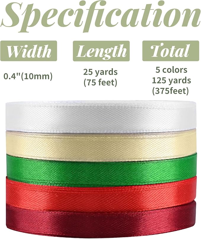 5 Rolls 10mm 125 Yards Christmas Ribbons, Holiday Satin Ribbons Fabric for Gift Wrapping and DIY Craft, Red & Dark Red & Green & Gold &White