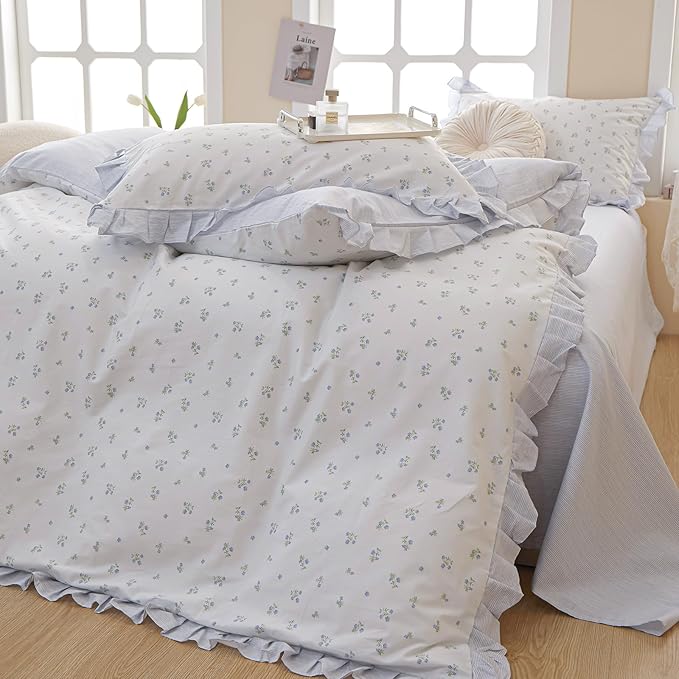 VM VOUGEMARKET Blue Floral Printed Comforter Set with Ruffle,Lightweight Reversible Romantic Girls Flower Bedding Comforter for Spring -Full Size,80"x90"