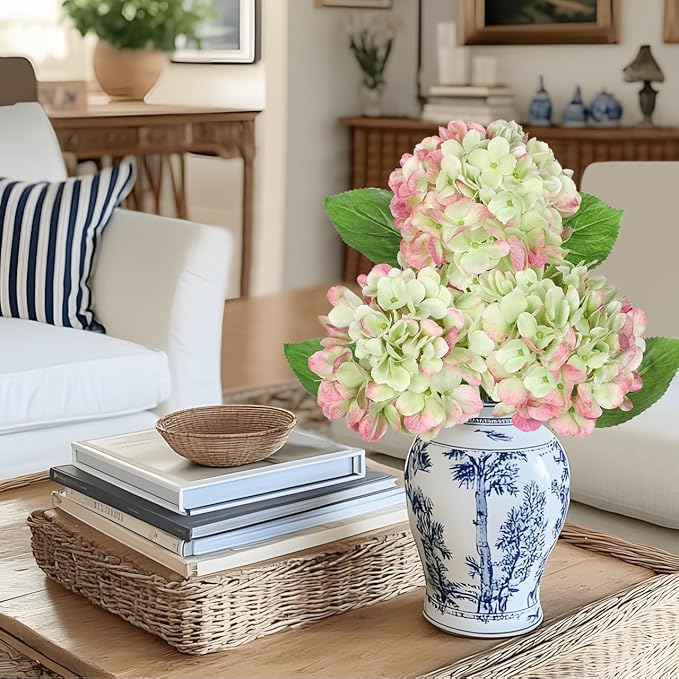 Oairse 3Pcs Green Hydrangea Artificial Flowers 19.7 in Real Touch Faux Hydrangea Stems Silk Flowers with Stems Fake Green Flowers Bouquet for Floral Arrangements Table Centerpieces Wedding Home Decor