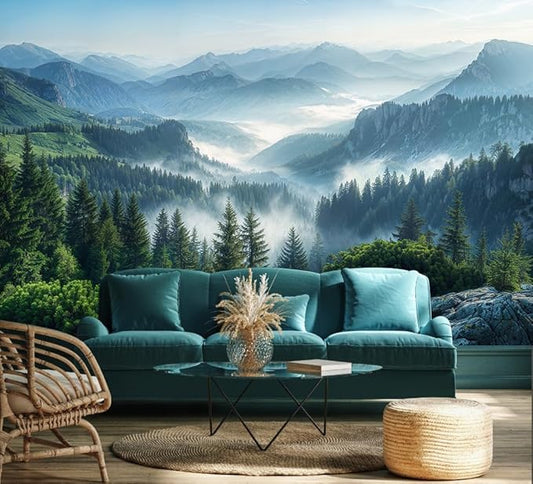 WFBHUA-Misty Pine Forest Wallpaper Peel and Stick Foggy Mountain Scenery Self Adhesive Wall Mural for Living Room 137"x100"