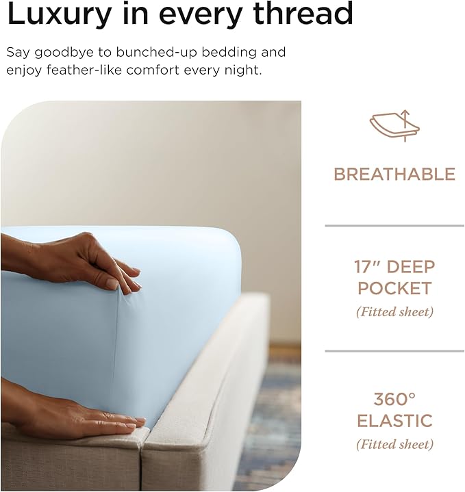 Threadmill Supima King Size Sheets, 1200 Thread Count, 4 Piece American Luxury Bed Sheets for King Mattress, 5 Star Hotel Quality Cotton Sheets with Elasticized Extra Deep Pocket, Light Blue