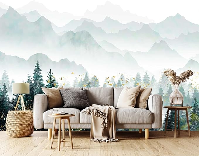 Hazy Forest Wallpaper with Gold flecks, Misty Mountain Peaks Mural, Nature Landscape Wall Mural（Non-self-Adhesive）