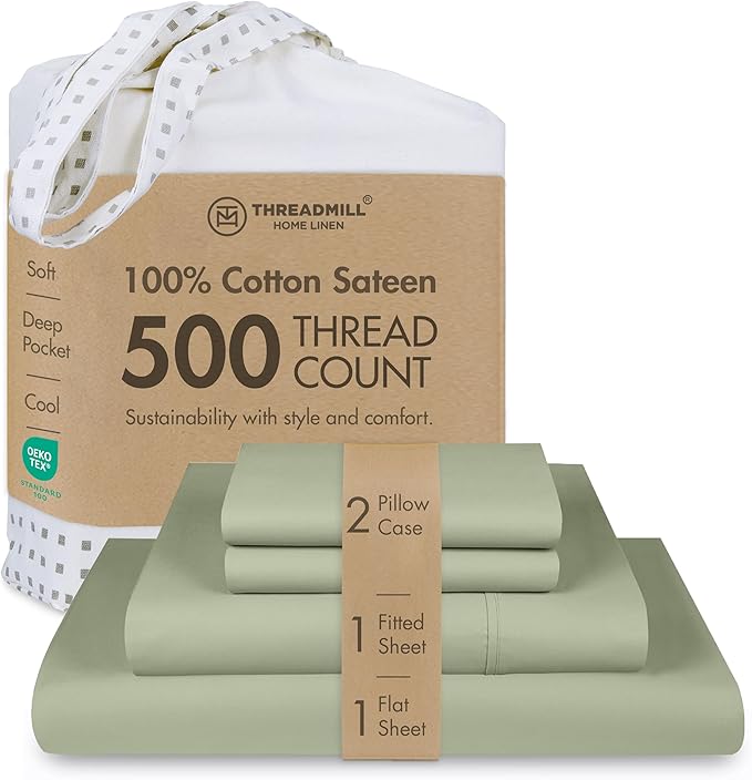 Threadmill 5-Star Hotel 500 Thread Count Best Bed Sheets, 100% Cotton Sheets Set for Queen Size Bed, Smoother Than Egyptian Cotton Claims, 4 Pc Set with Deep Pockets (Sage Green)