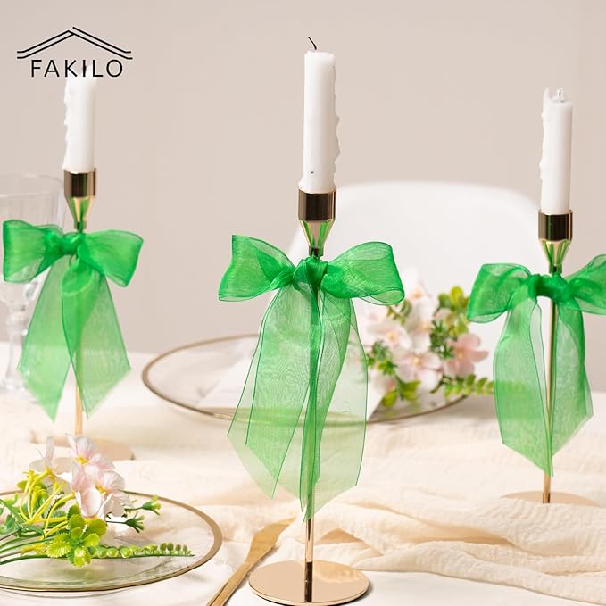 Green Organza Ribbon for Gift Wrapping, FAKILO 2 Inch Shimmer Sheer Wrapping Ribbon for Bouquet, Wedding,Festival - 50 Yards Each Roll