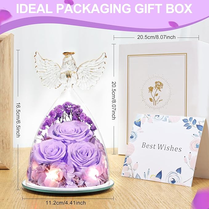 Preserved Flower Rose Gifts for Women, Forever Eternal Fresh Flowers in Glass Angel Figurines Real Purple Roses for Delivery Prime for Grandma Mom Sister Her Wife on Mothers Day Birthday Christmas