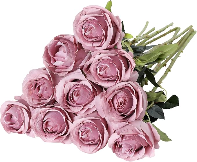 Nubry Artificial Silk Rose Flower Single Stem Lifelike Vintage Fake Rose for Wedding Bouquet Floral Arrangements Home Party Centerpiece Decoration, 10pcs (Vintage Mauve)