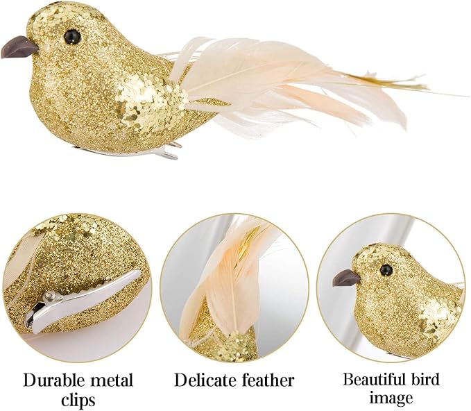 Cosweet 12 Pcs Gold Cardinal Artificial Birds with Clip - Cardinal Bird Christmas Ornament with Feather Wreath Flower Arrangement Supplies for Xmas Tree Party Decor DIY Craft Gifts