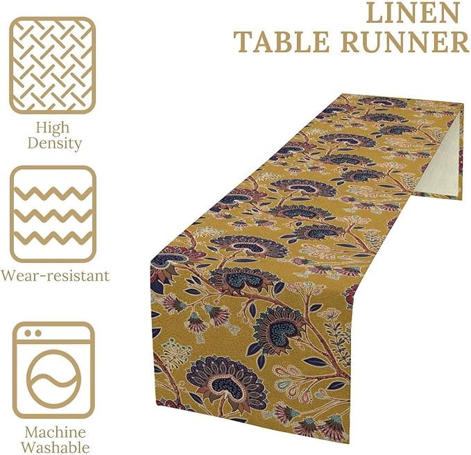 Boho Floral Table Runner, Mustard Yellow Paisley Floral Vintage Farmhouse Table Runner for Kitchen Dining Holiday Party Decor, 13x60 Inch