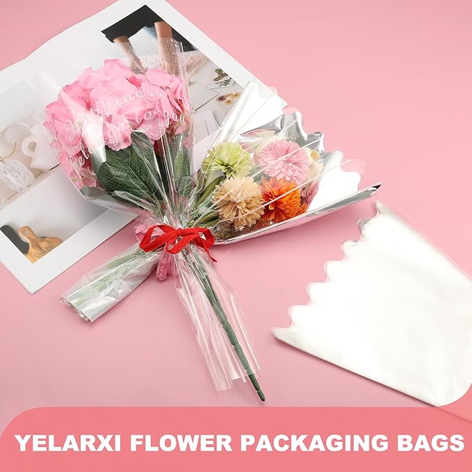 YELARXI Clear Flower Wrapping Bags, Transparent Flower Packaging Bag Waterproof Bouquet Sleeves with Letter - Fitting for (Florists/Floral Arrangements Supplies), 11x3.1x17.7 Inch & 50Pcs