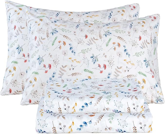 Bedlifes California King Sheet Set Ultra Soft, Breathable, Silky Flower Deep Pocket 100% Microfiber Bedding, 4 Piece Cal King Size White Floral