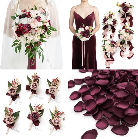 Ling's moment Wedding Artificial Flowers Package, Bridal Bouquet, Bridesmaid Bouquets, Boutonniere for Men, Rose Petals.Burgundy Blush