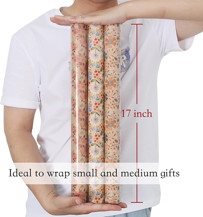 Aimyoo Kraft Floral Wrapping Paper Bundle, Vintage Spring Flowers Rose Gift Wrap Paper for Wedding Bridal Shower Birthday, 3 Rolls 17 in x 16 ft per Roll