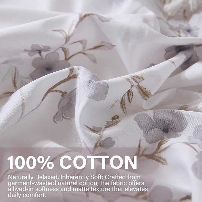 Floral Duvet Cover King Size - 100% Nature Cotton Reversible Grayish Flower Bedding Set with Zipper Closure, 3 Pieces Soft & Breathable Beige Comforter Cover