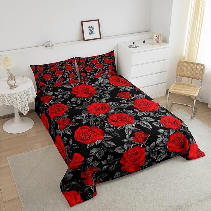 Castle Fairy Kids Red Flowers Comforter Set Queen Size,Rose and Grey Leaves Print Bedding Gift for Children Adult Xmas Present,Gothic Floral Plant Theme Polyester Quilt Set with 2 Pillowcases