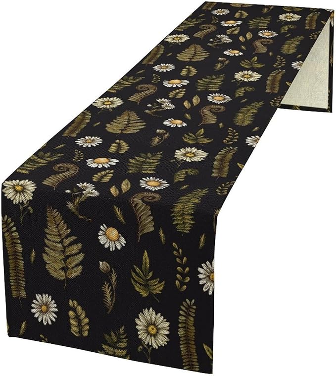Vintage Daisy Flower Table Runner, Rustic Forest Green Plants Leaves Wild Floral Ferns Print Holiday Kitchen Dining Coffee Table Decoration for Home Indoor Outdoor Party, 13x60inch
